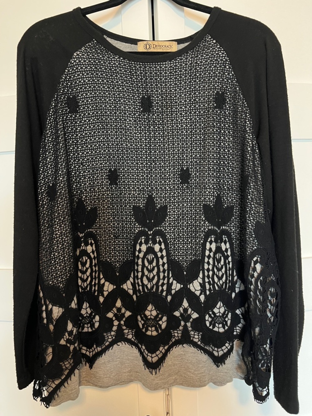 Democracy Black Lace-Front Raglan Sleeve Women's Top